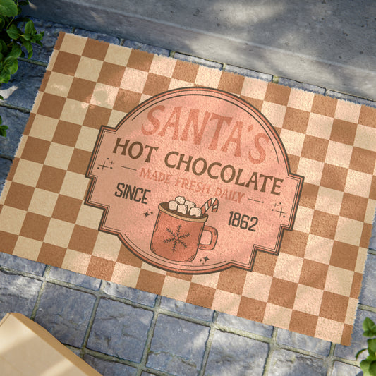 Santa's Hot Chocolate Brown Checkerboard Christmas/ Holiday Coir Mat