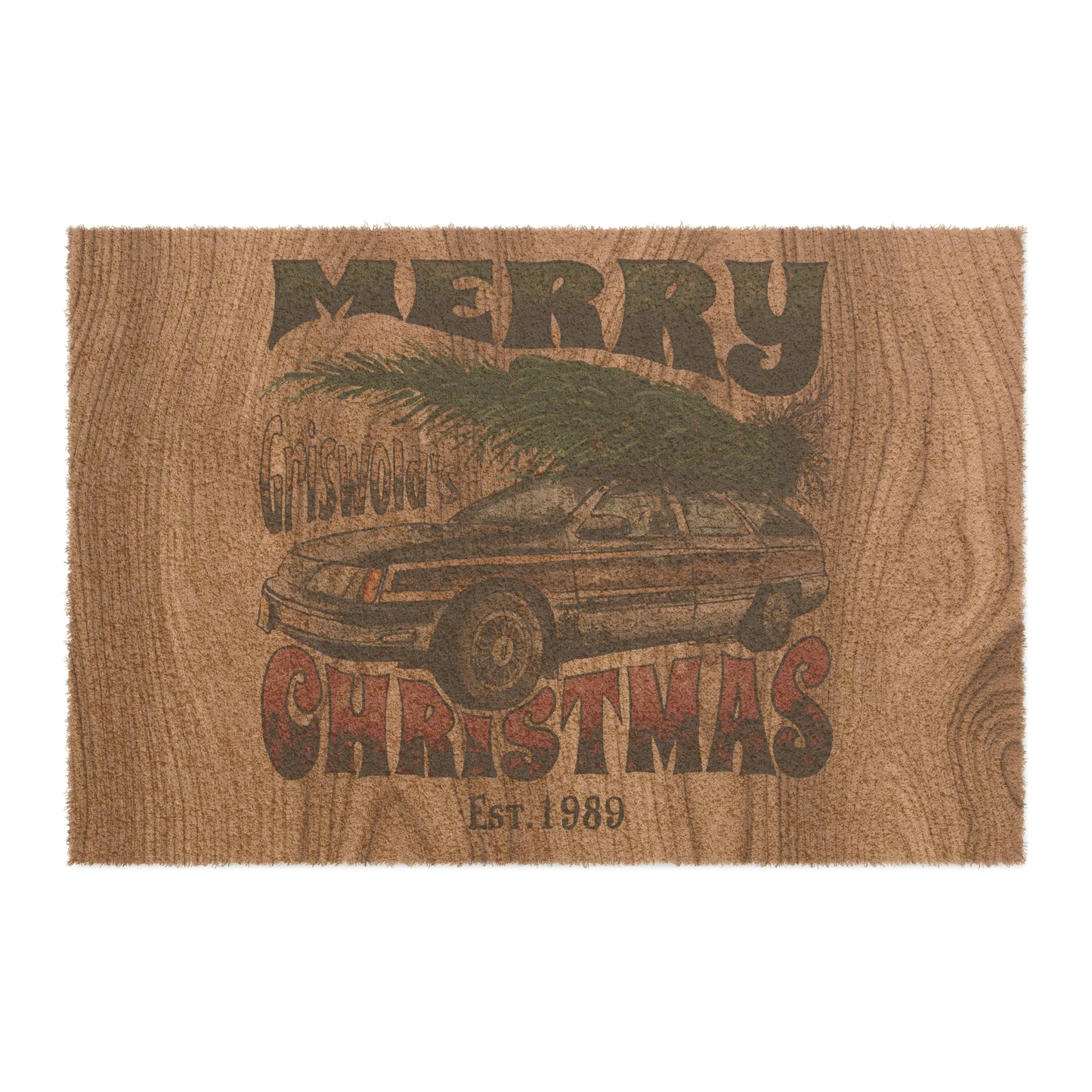 Distressed Merry Griswold's Christmas Tree Station Wagon Holiday Coir Mat