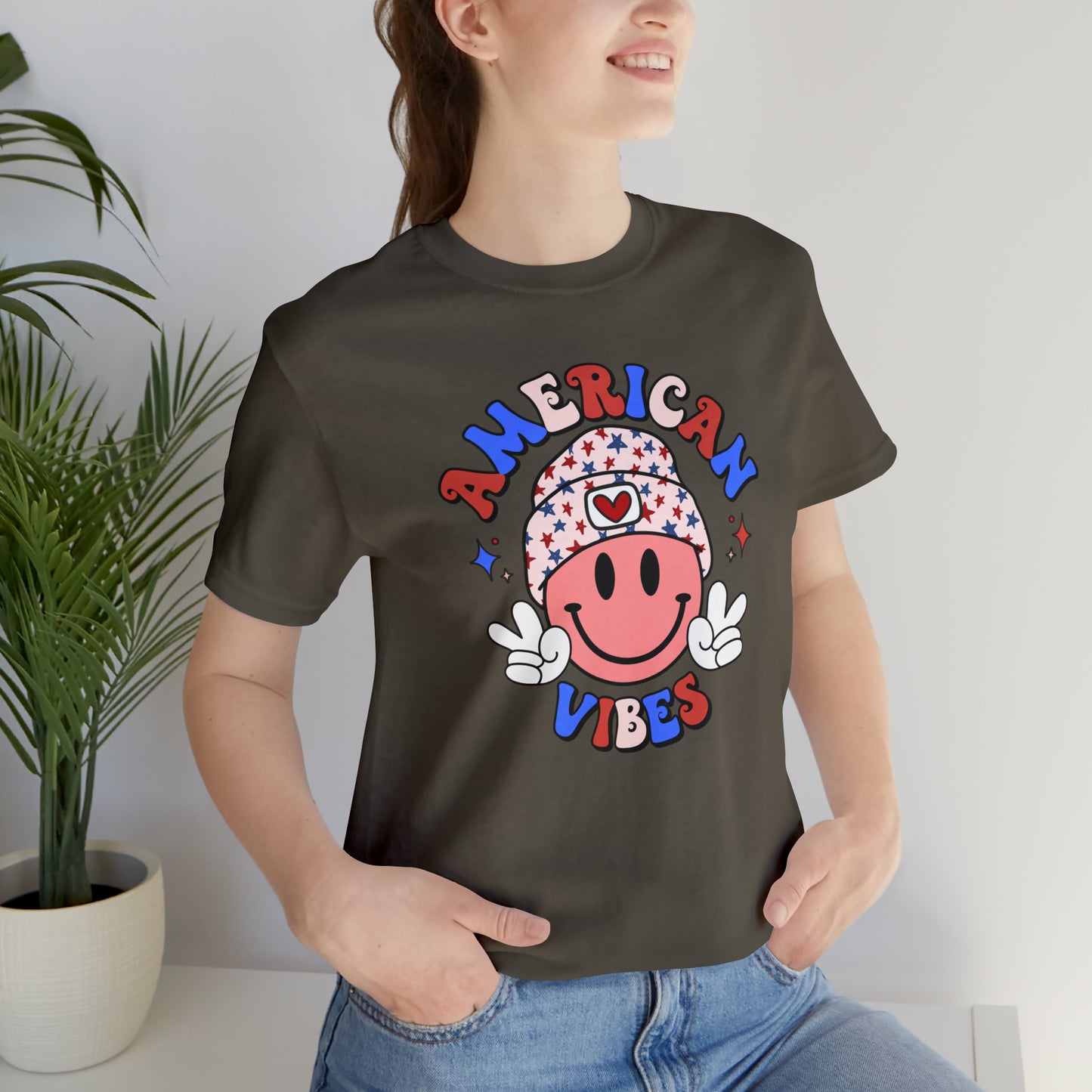 American Vibes USA Smiley Face with Stars Beanie with two hand peace signs Unisex Jersey Short Sleeve Tee