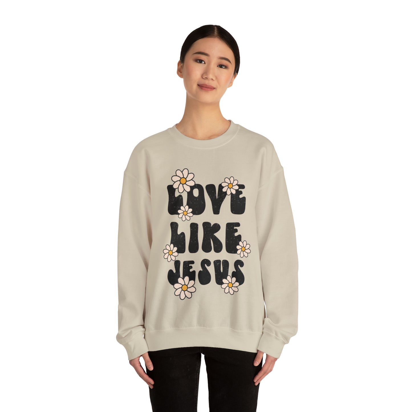 Distressed Daisy Love Like Jesus - Heavy Blend™ Crewneck Sweatshirt