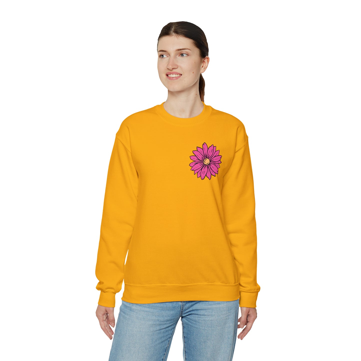 FRONT AND BACK DESIGN Positive Energy (Flower on Front and Message on Back) Font Heavy Blend™ Crewneck Sweatshirt