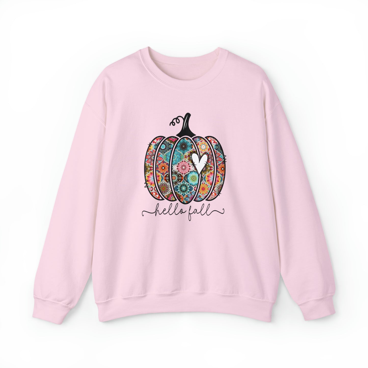 Hello Fall Print Pumpkin Fall Halloween Retro Warm Colored  Unisex Heavy Blend™ Crewneck Sweatshirt