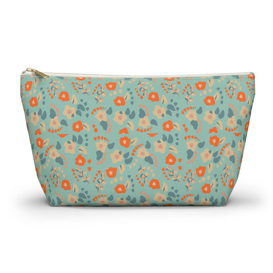 Orange Floral Print Design  Accessory Pouch w T-bottom