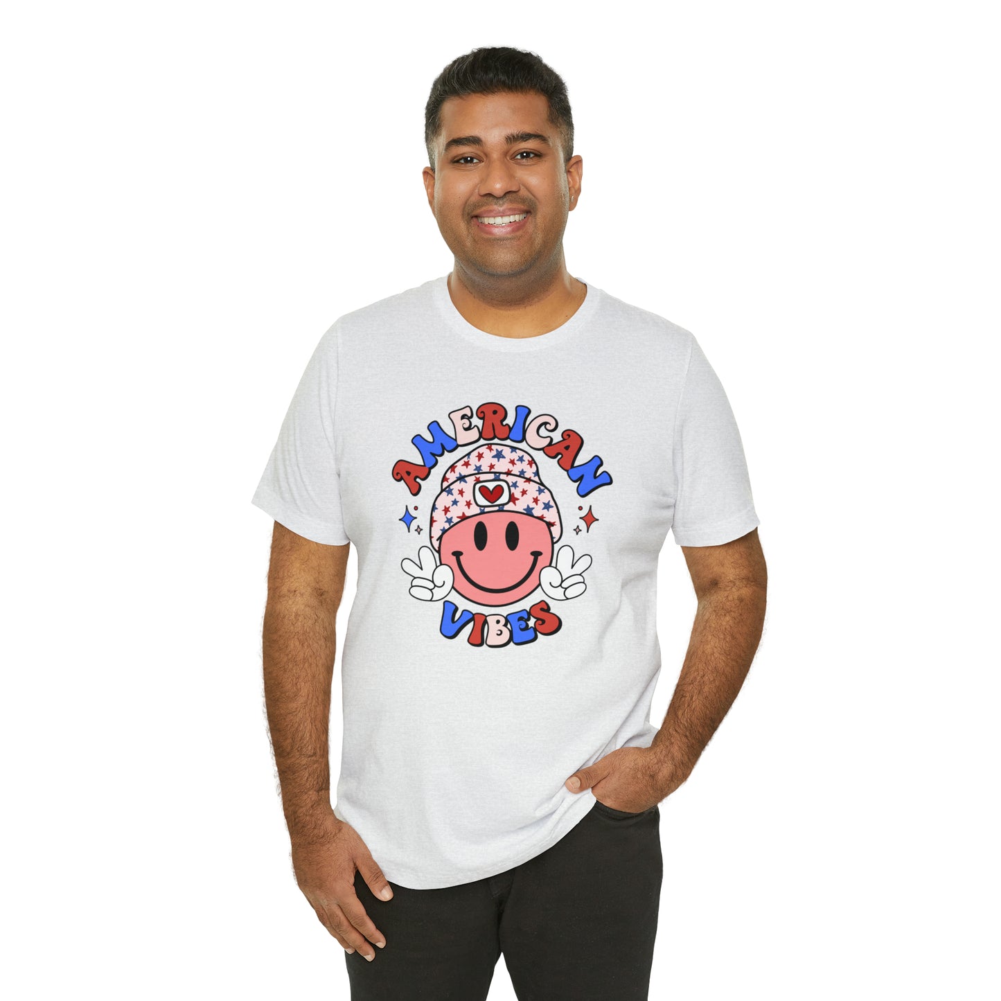 American Vibes USA Smiley Face with Stars Beanie with two hand peace signs Unisex Jersey Short Sleeve Tee