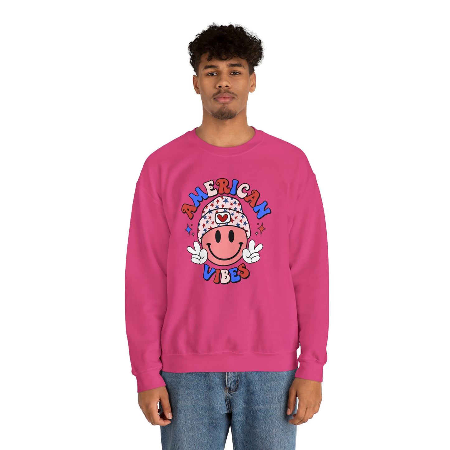 USA American Vibes Smiley Face with Heart Beanie and Peace Signs Heavy Blend™ Crewneck Sweatshirt