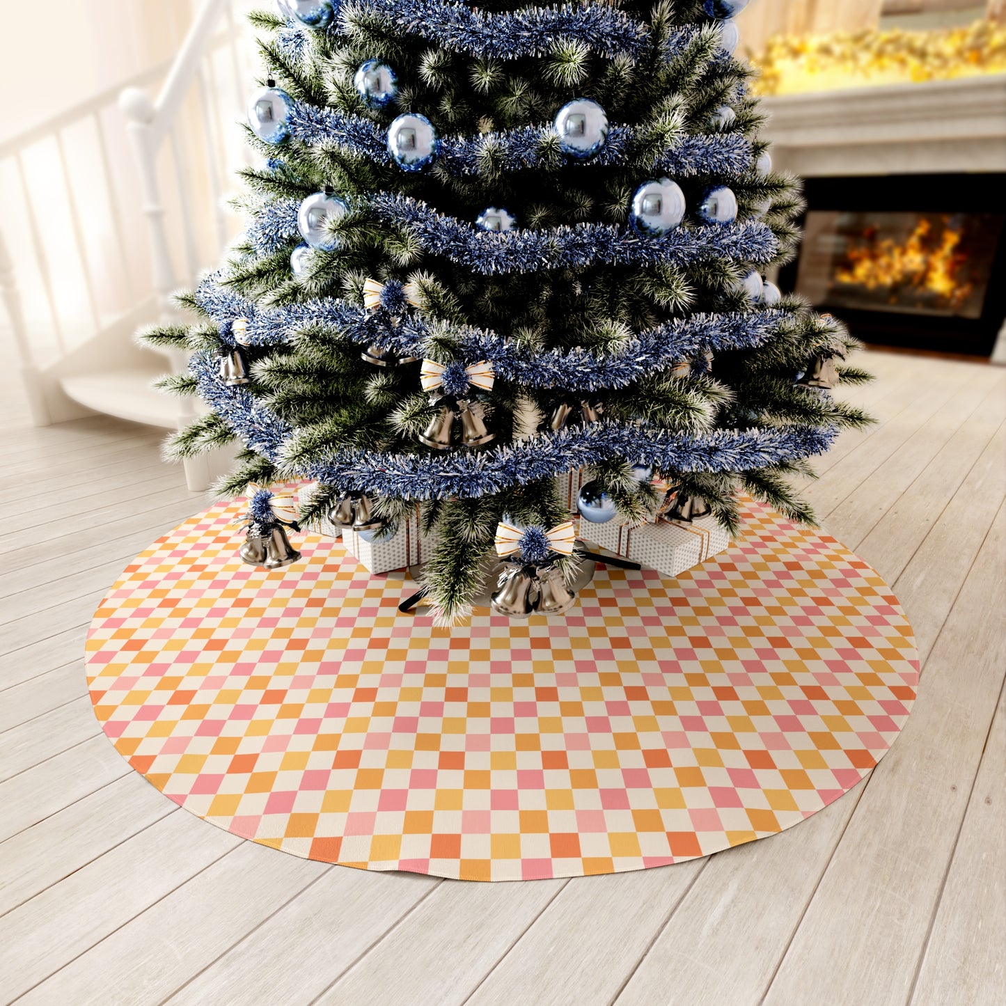 Retro Pink Rust and Gold Checkerboard Round Tree Skirt