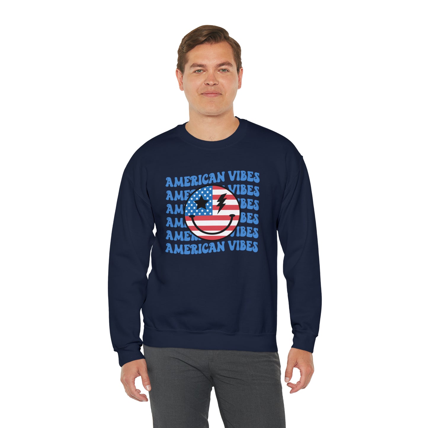 USA American Vibes Flag Smiley Face Heavy Blend™ Crewneck Sweatshirt