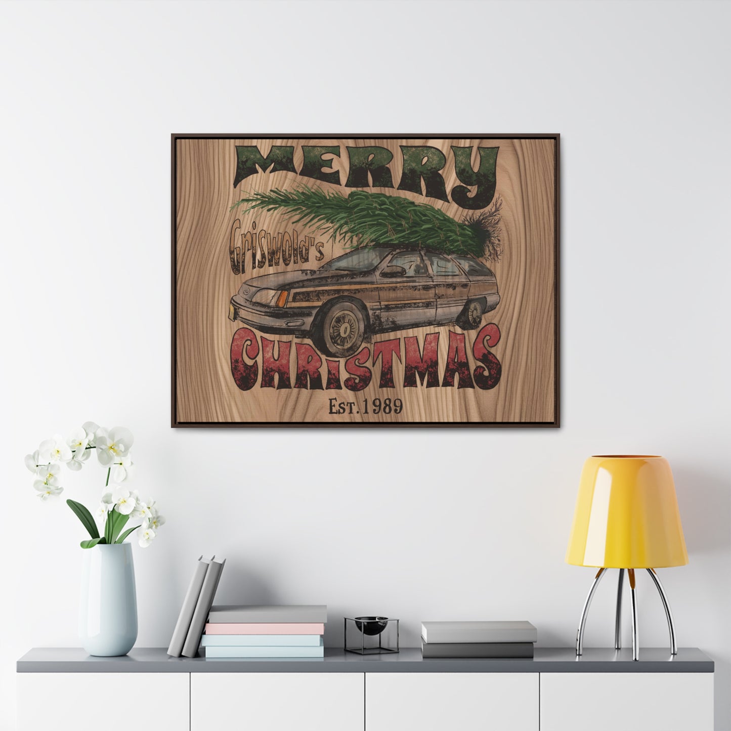 Distressed Merry Griswold Christmas Tree Station Wagon Holiday Gallery Canvas Wraps, Horizontal Frame