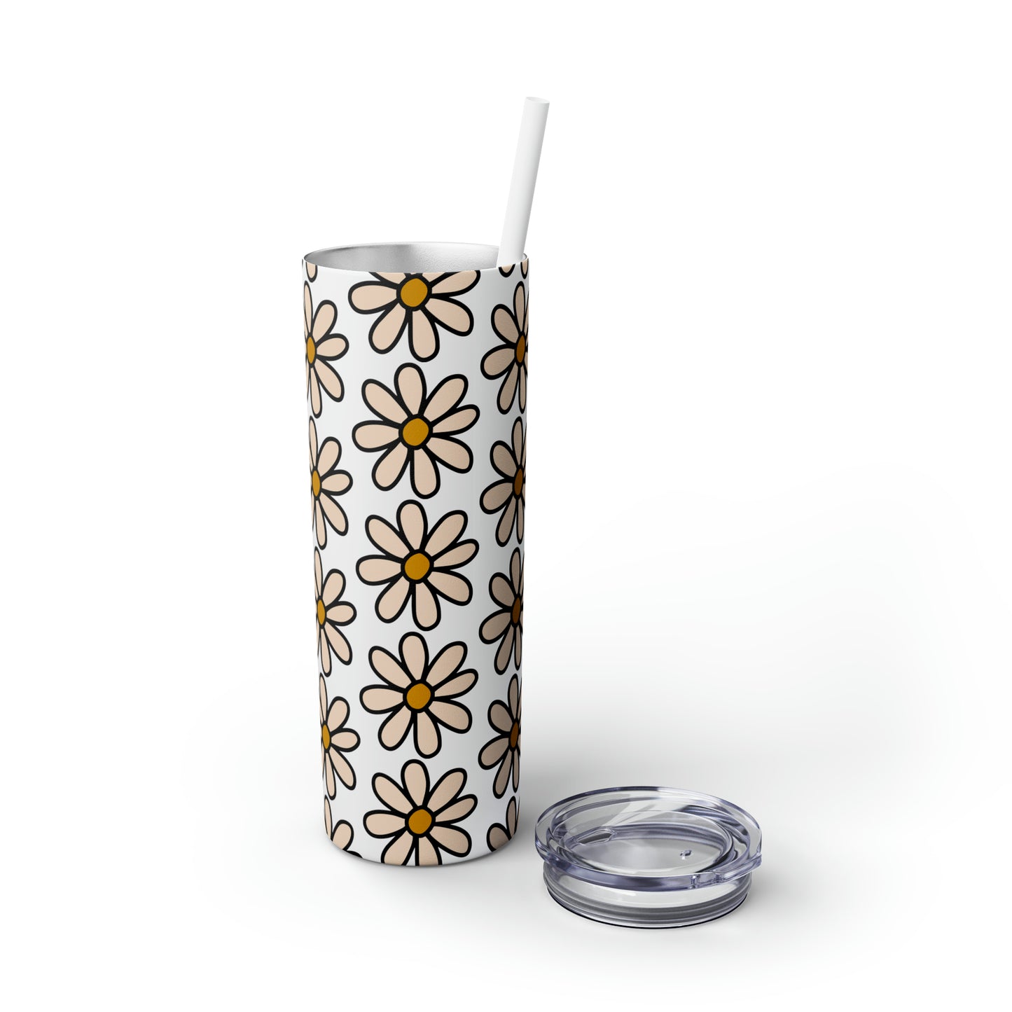 Peach Daisy Print Skinny Tumbler with Straw, 20oz