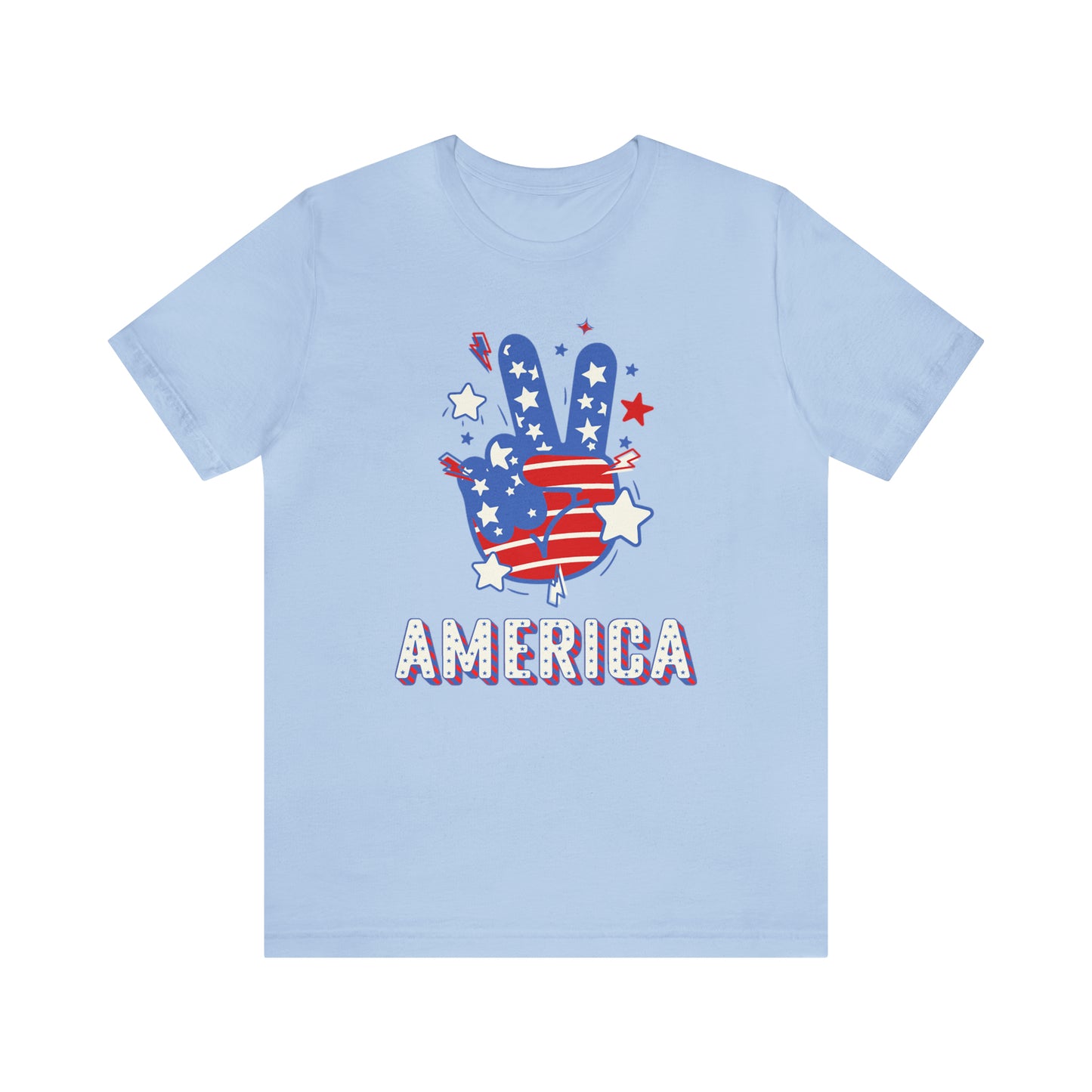 America USA Stars Peace Sign with Hands Unisex Jersey Short Sleeve Tee