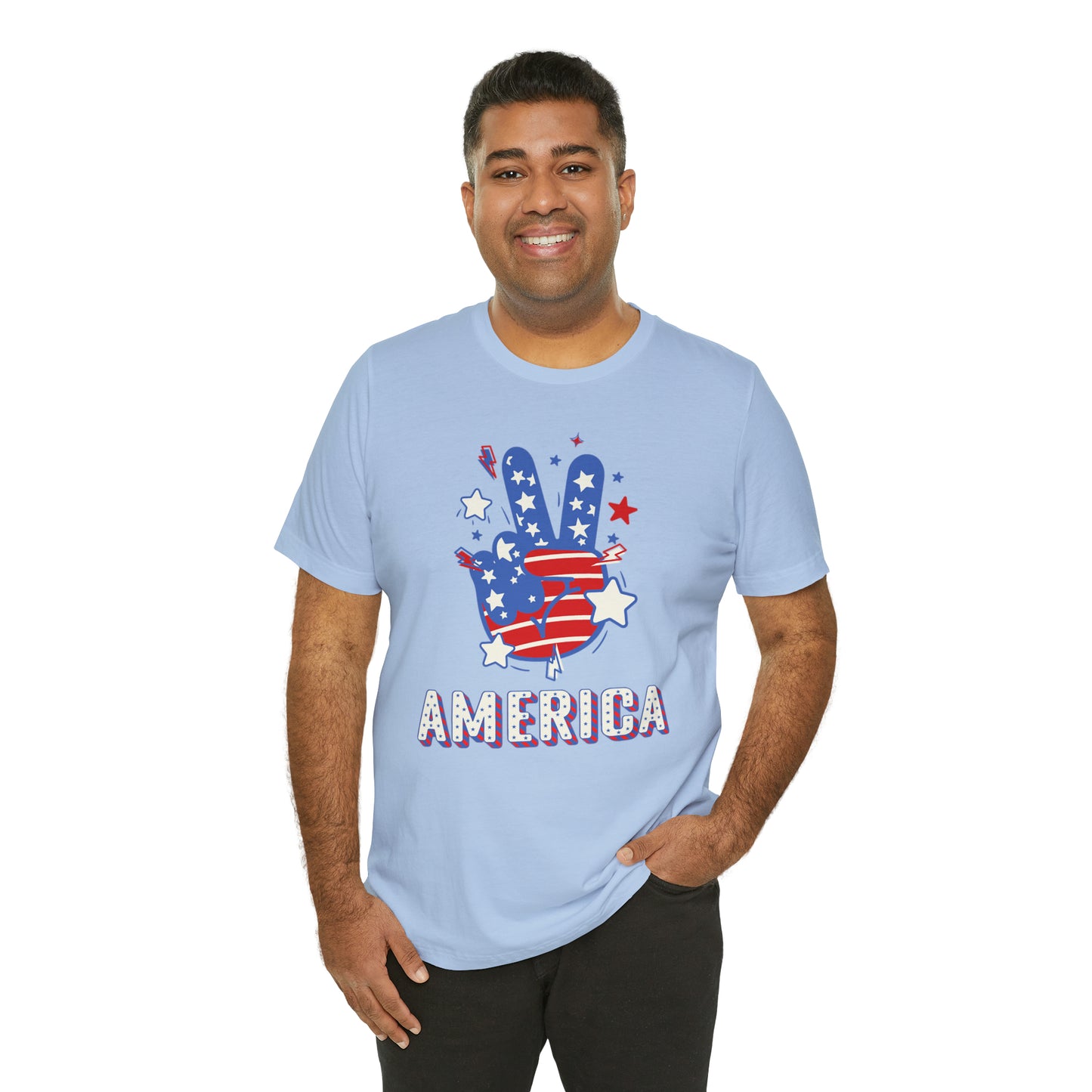 America USA Stars Peace Sign with Hands Unisex Jersey Short Sleeve Tee