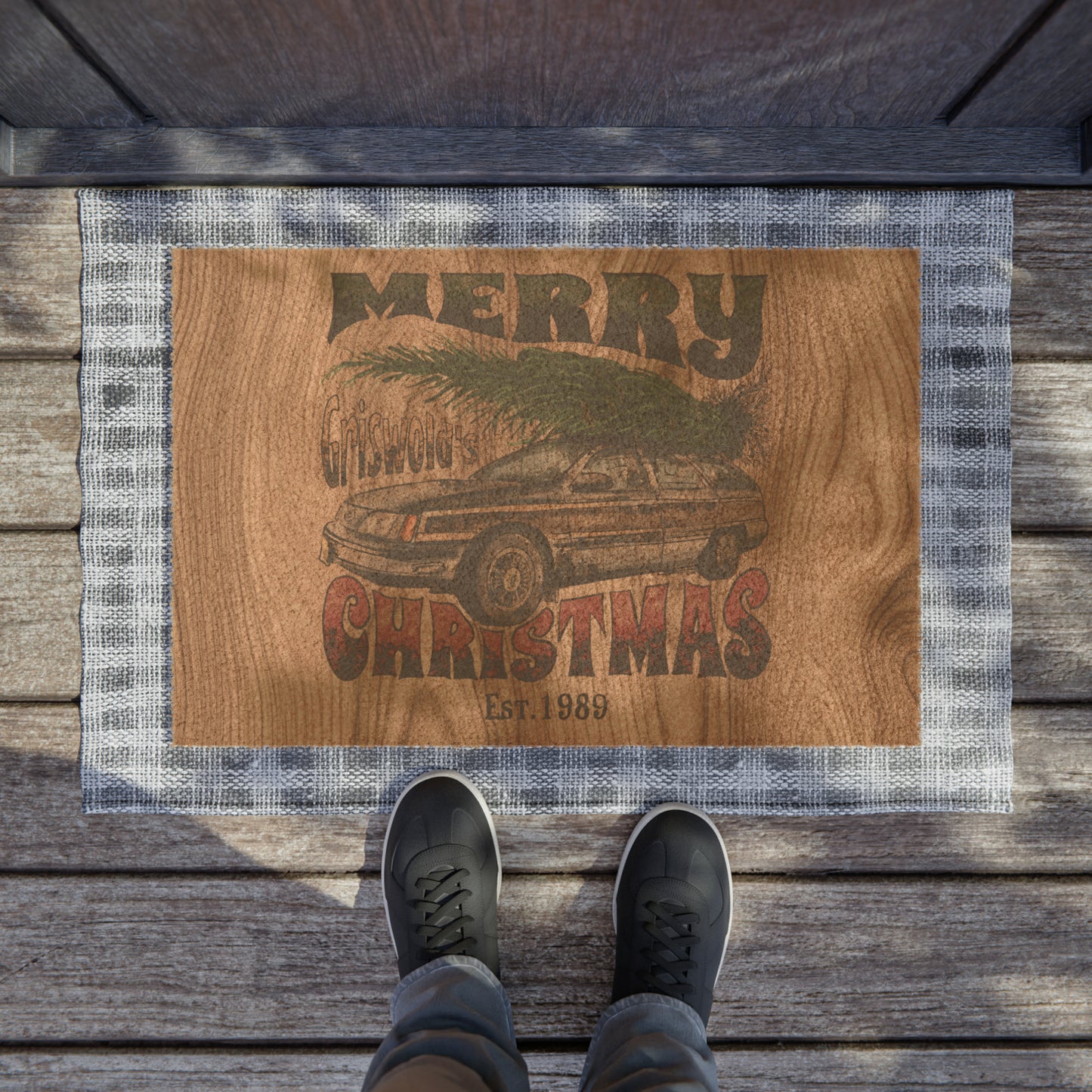 Distressed Merry Griswold's Christmas Tree Station Wagon Holiday Coir Mat