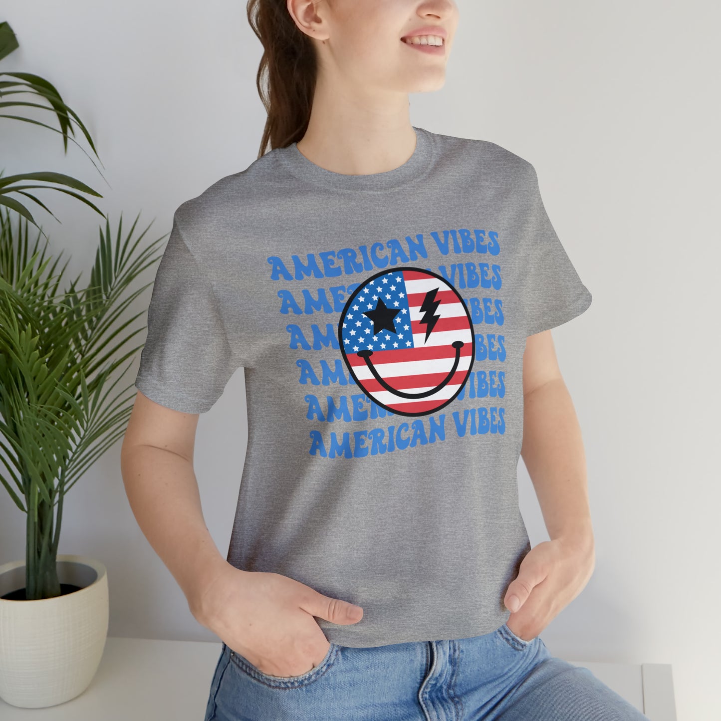 USA American Vibes American Flag Smiley Face Unisex Jersey Short Sleeve Tee