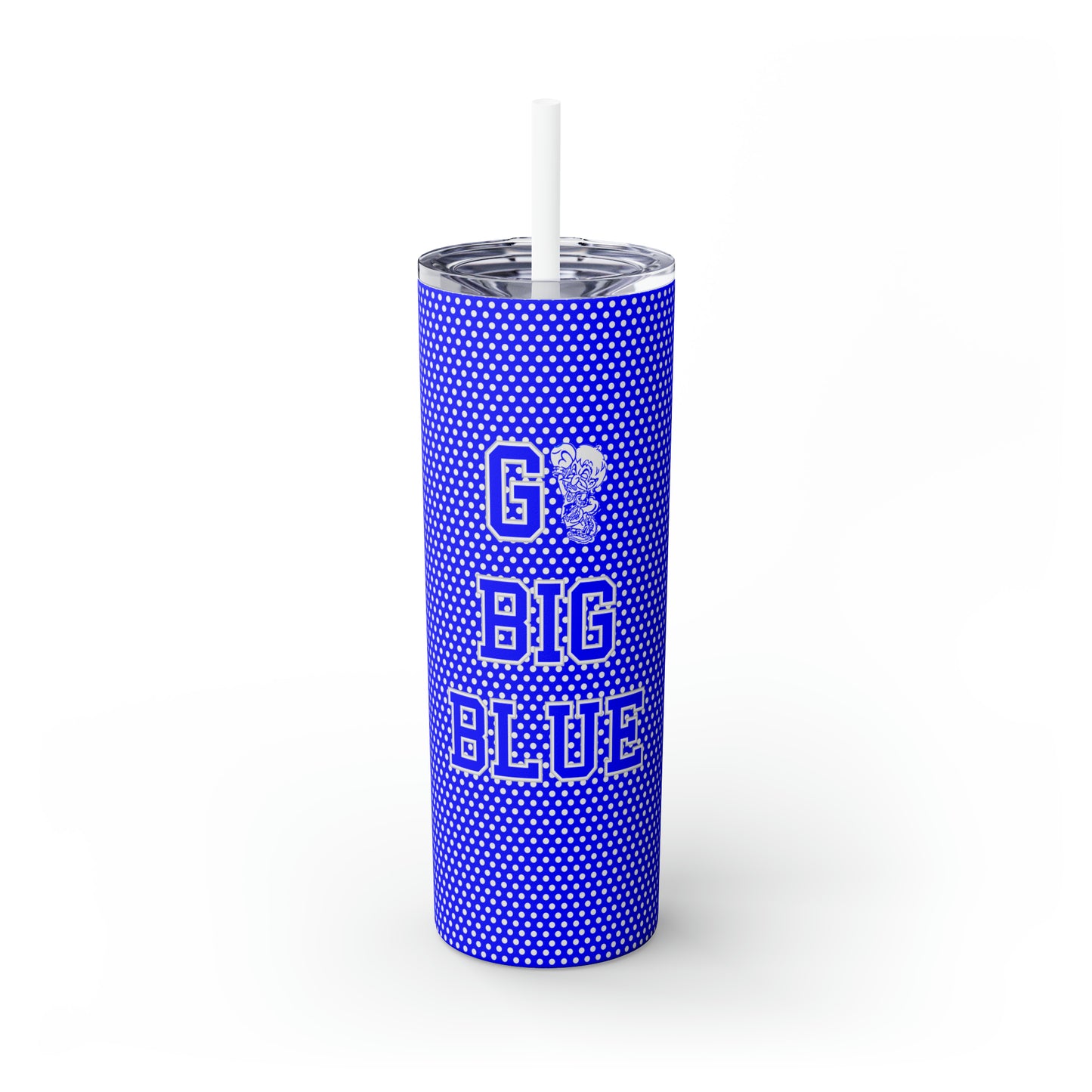 Go Big Blue Polka Dot Freeburg Midgets Skinny Tumbler with Pick your Color Straw, 20oz