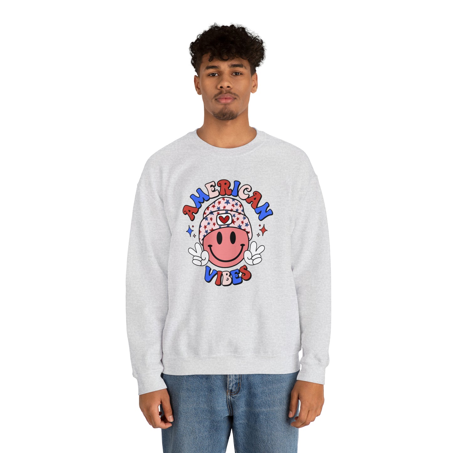 USA American Vibes Smiley Face with Heart Beanie and Peace Signs Heavy Blend™ Crewneck Sweatshirt