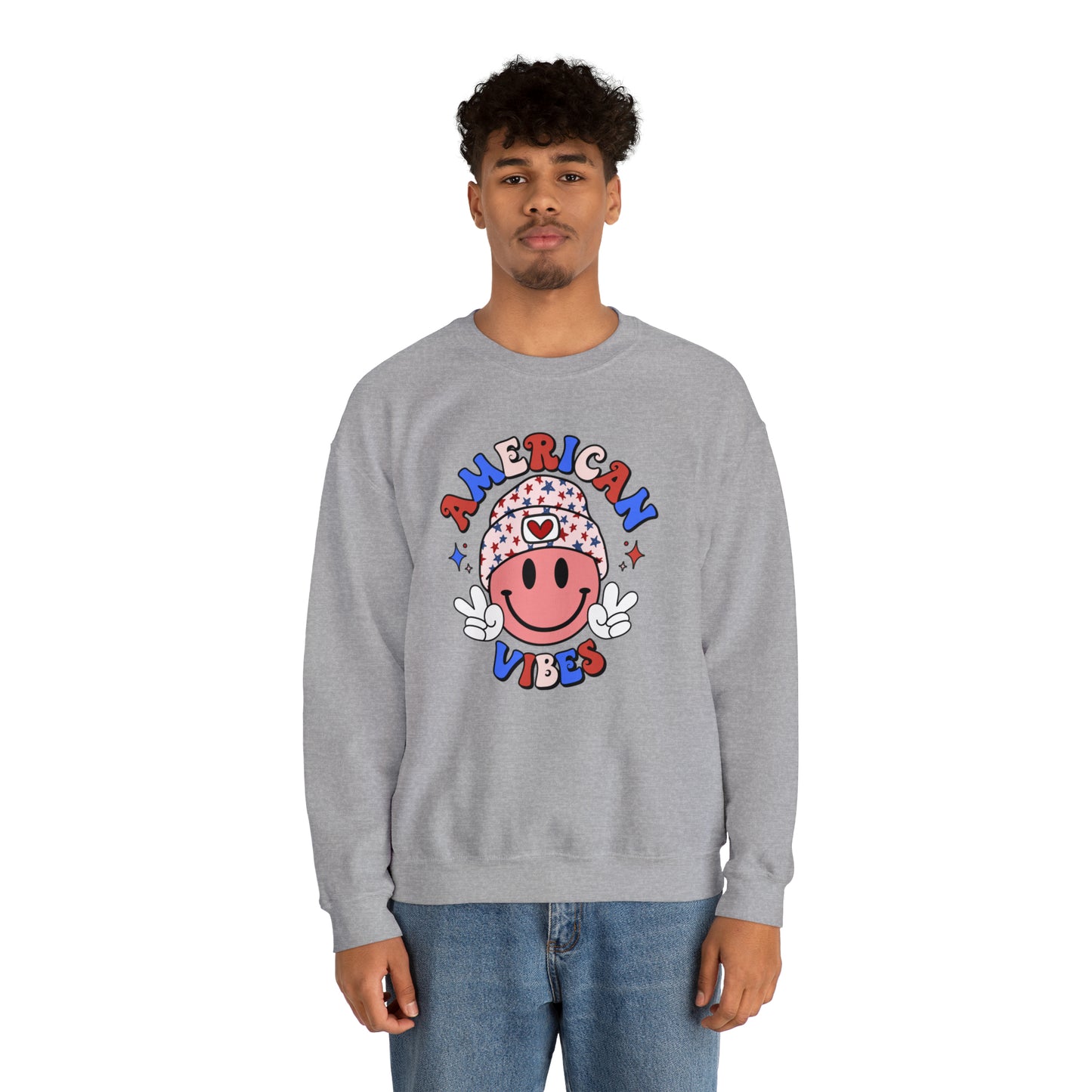 USA American Vibes Smiley Face with Heart Beanie and Peace Signs Heavy Blend™ Crewneck Sweatshirt