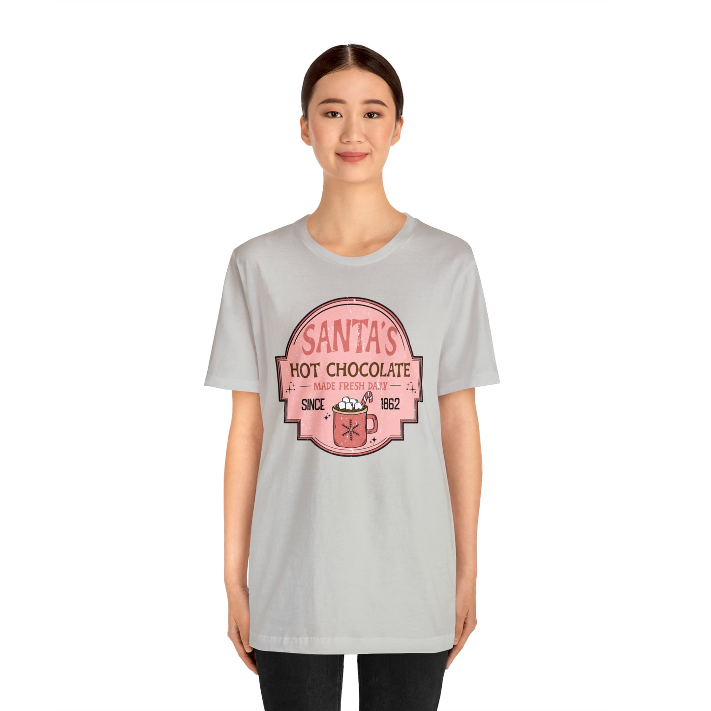 Santa's Hot Chocolate Pink Christmas/ Holiday Bella Jersey Short Sleeve Tee (Unisex)