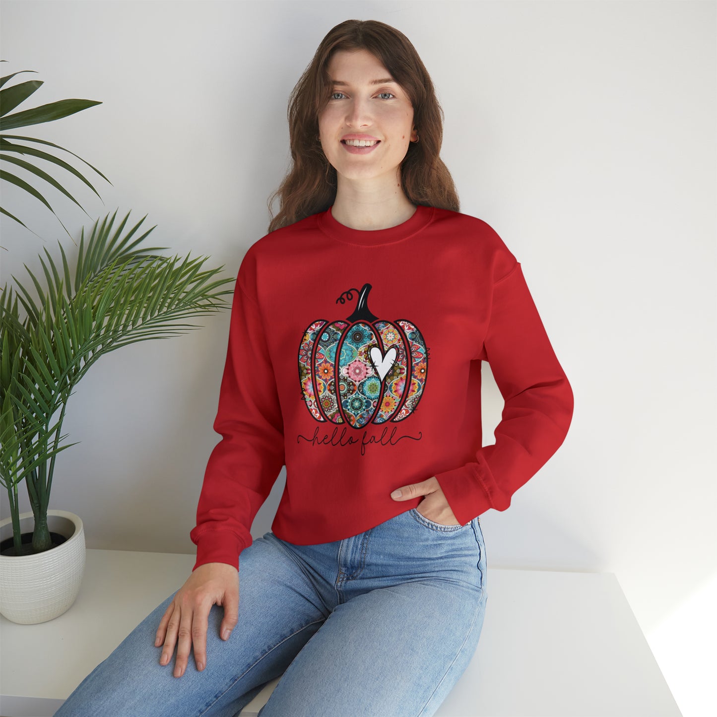 Hello Fall Print Pumpkin Fall Halloween Retro Warm Colored  Unisex Heavy Blend™ Crewneck Sweatshirt