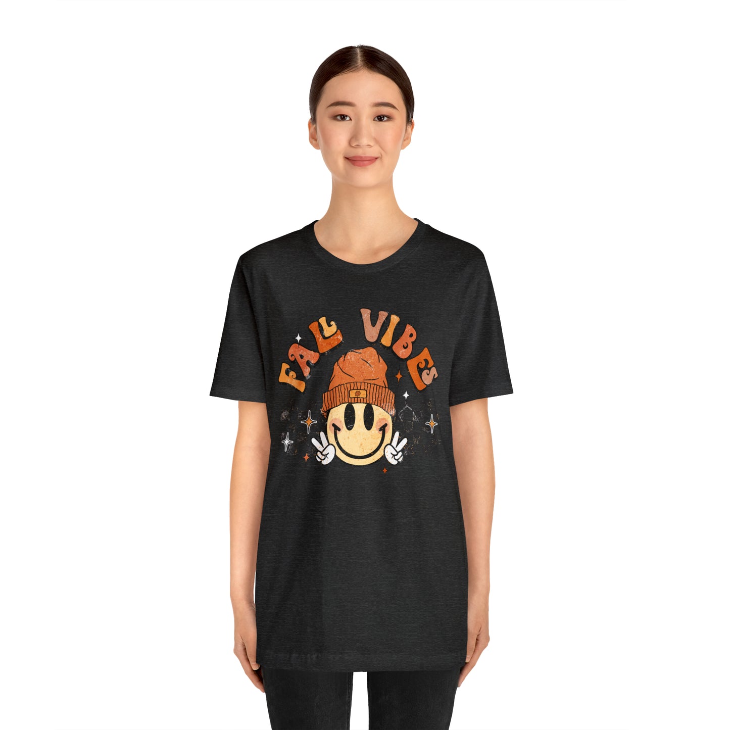 Distressed Halloween Fall Vibes Smiley Face with Beanie and Peace Sign T-Shirt