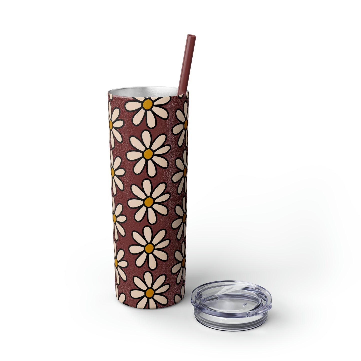 Peach Daisy Print Skinny Tumbler with Straw, 20oz