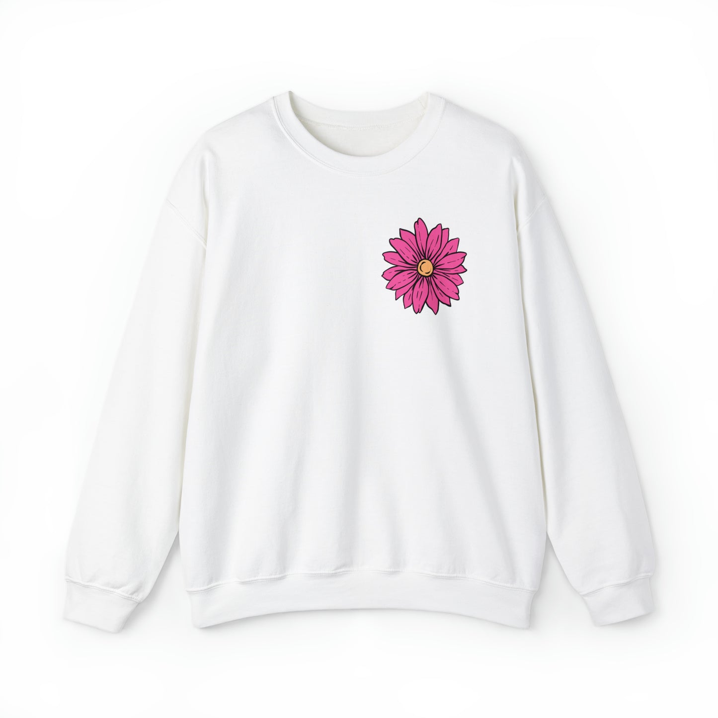 FRONT AND BACK DESIGN Positive Energy (Flower on Front and Message on Back) Font Heavy Blend™ Crewneck Sweatshirt