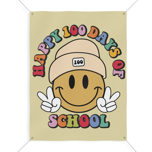 Happy 100 Days of School School Smiley Face with Beanie Hat Colorful Matte Banner