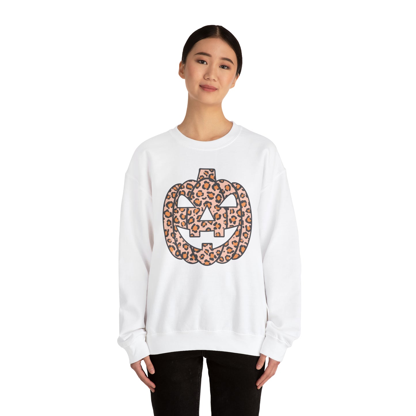 Boho Leopard Print Pumpkin Fall Halloween Retro Warm Colored  Unisex Heavy Blend™ Crewneck Sweatshirt