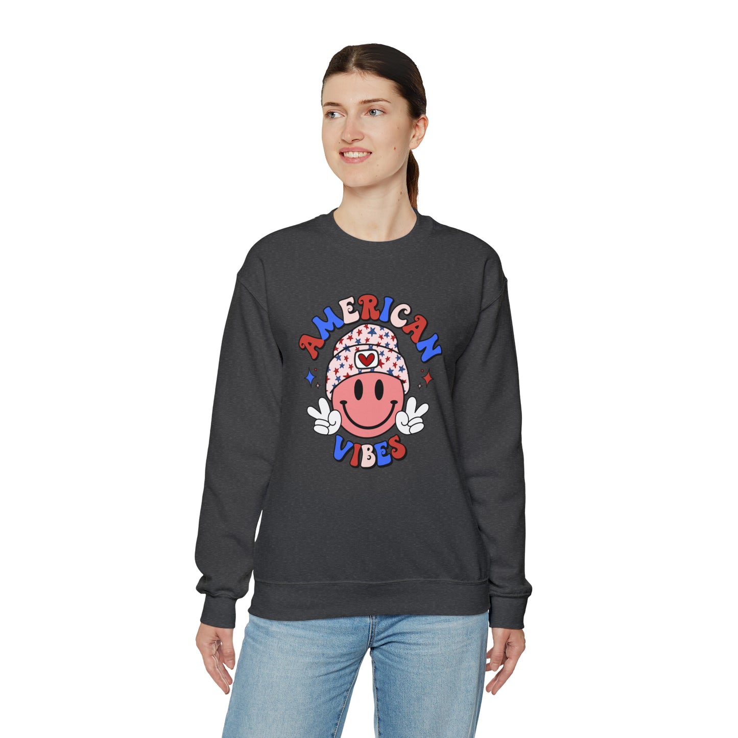 USA American Vibes Smiley Face with Heart Beanie and Peace Signs Heavy Blend™ Crewneck Sweatshirt