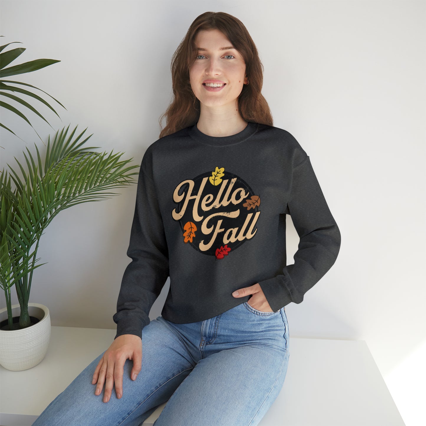 Hello Fall Halloween Retro Warm Colored  Unisex Heavy Blend™ Crewneck Sweatshirt