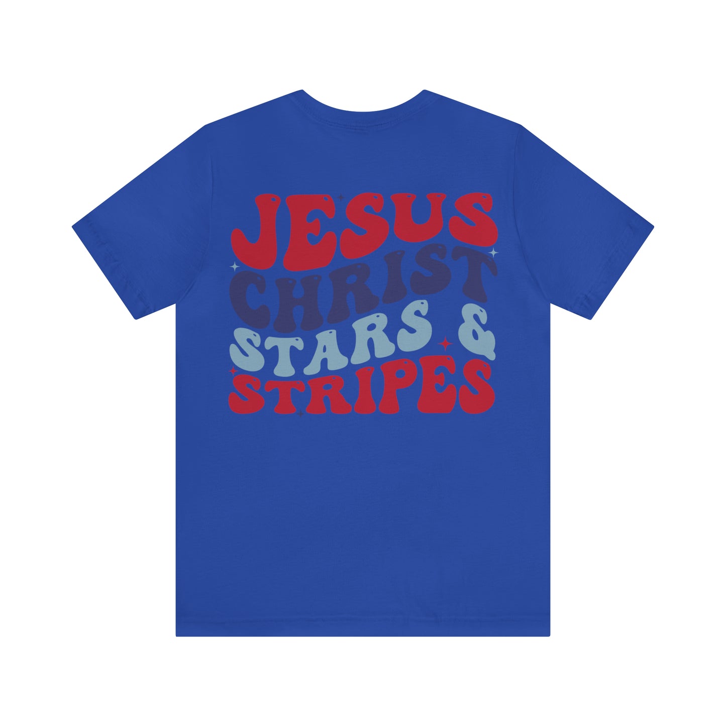 "Jesus Christ Stars and Stripes" (Front and Back Design) Unisex Jersey Short Sleeve Tee