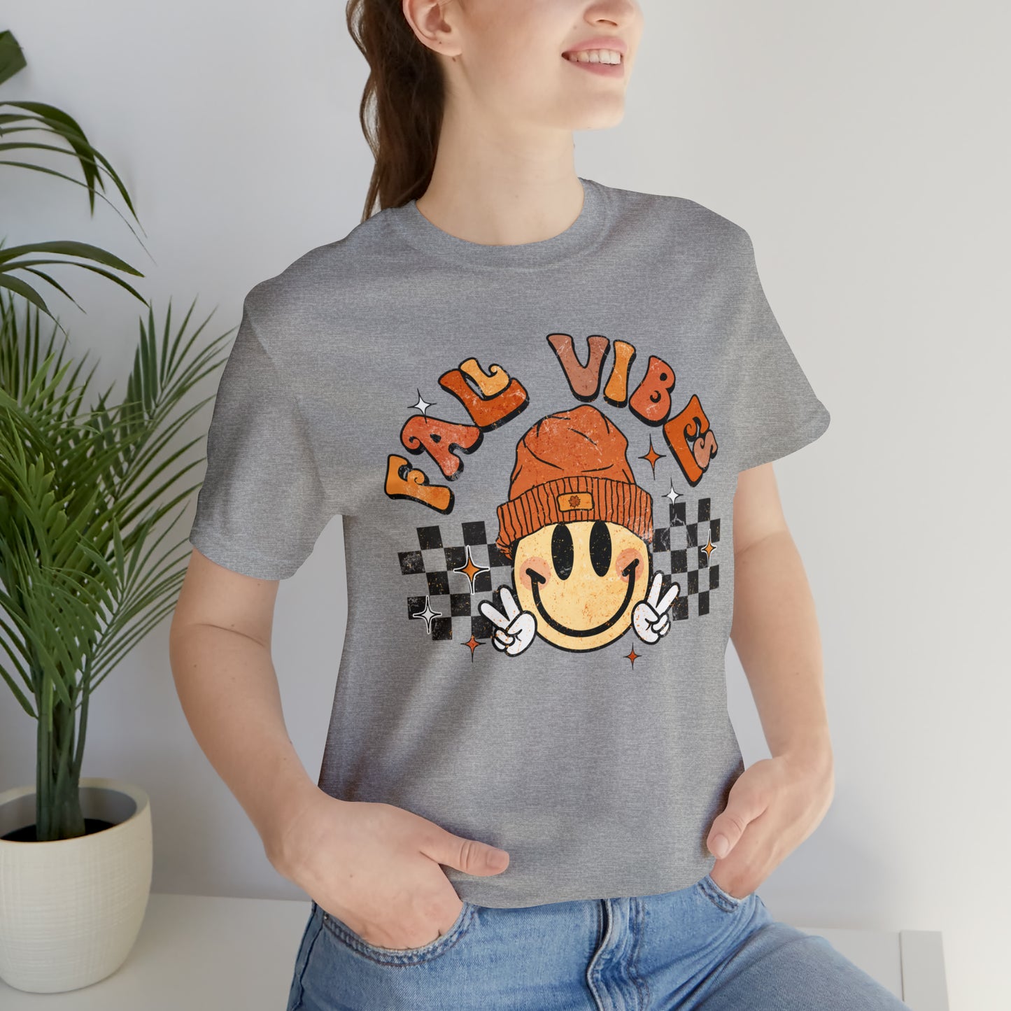 Distressed Halloween Fall Vibes Smiley Face with Beanie and Peace Sign T-Shirt