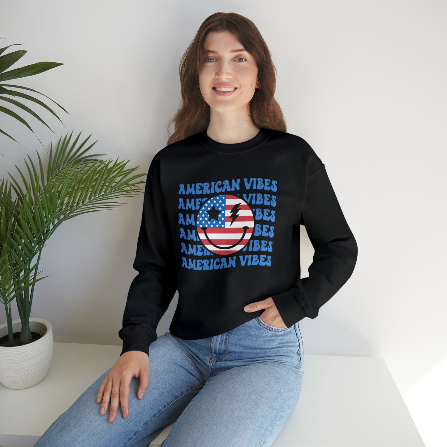 USA American Vibes Flag Smiley Face Heavy Blend™ Crewneck Sweatshirt