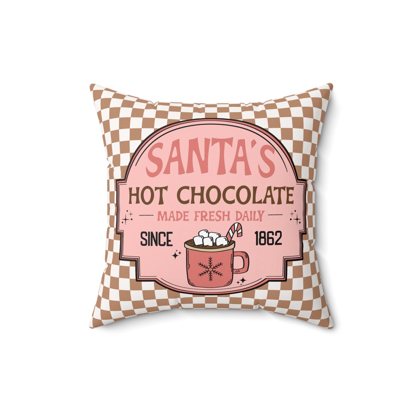 Santa's Hot Chocolate Brown Checkerboard Christmas/ Holiday Polyester Square Pillow