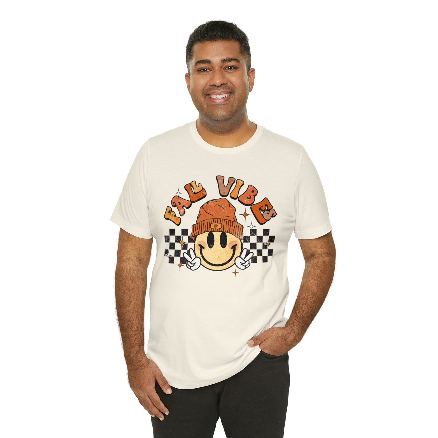 Distressed Halloween Fall Vibes Smiley Face with Beanie and Peace Sign T-Shirt