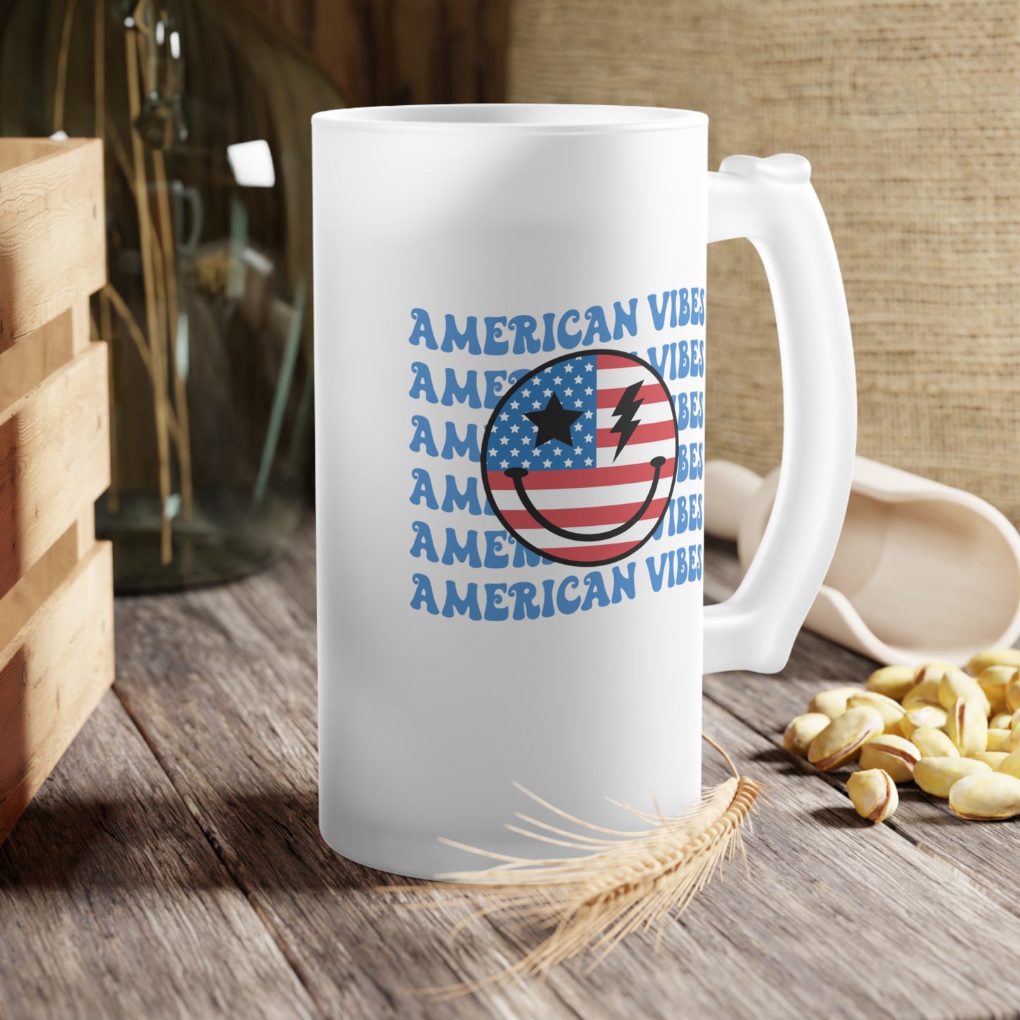 American Vibes Design America /United States / USA/ 4th of July Frosted Glass Beer Mug