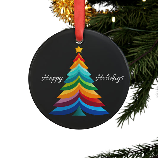 Happy Holidays Layered Rainbow Christmas Tree Acrylic Ornament with Ribbon