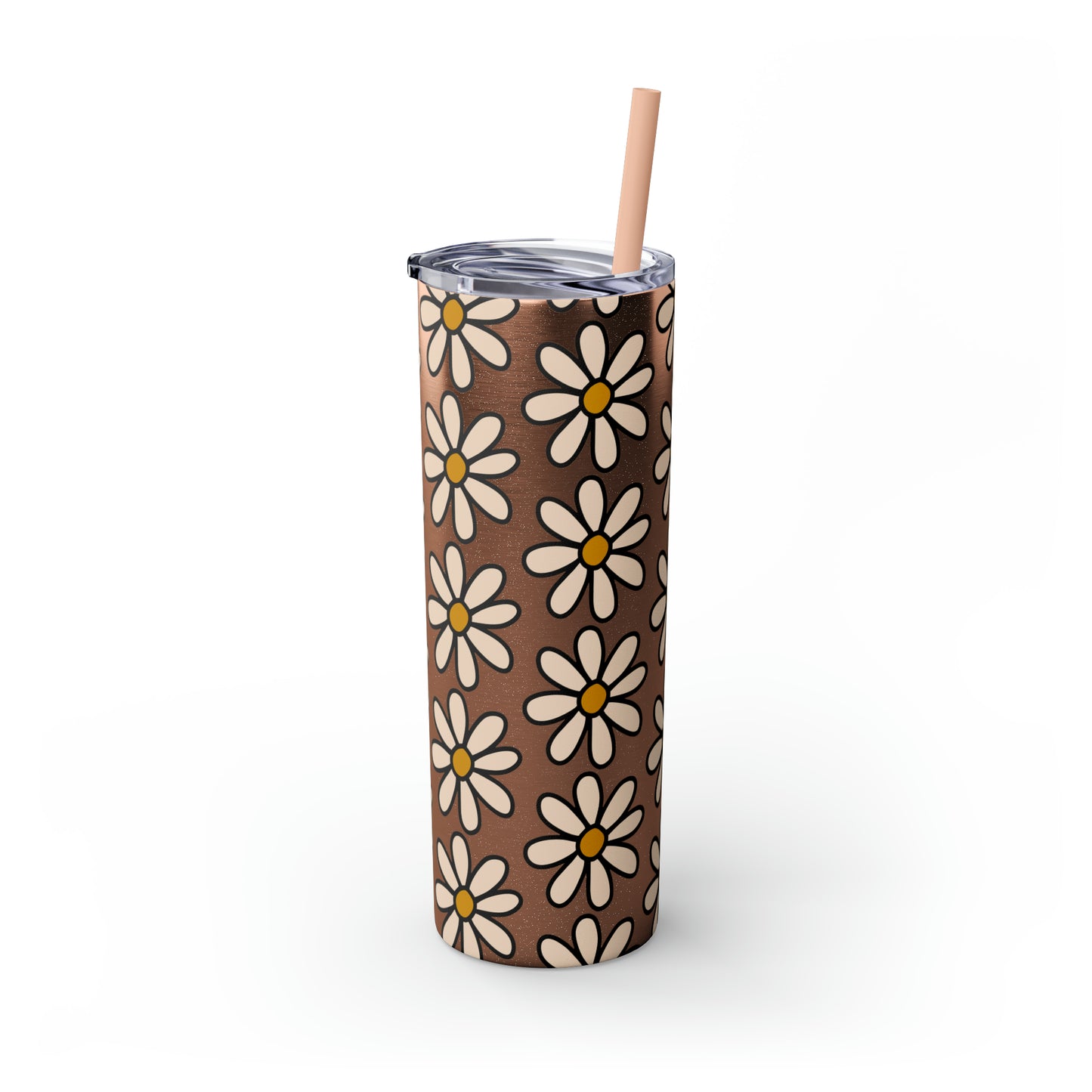 Peach Daisy Print Skinny Tumbler with Straw, 20oz