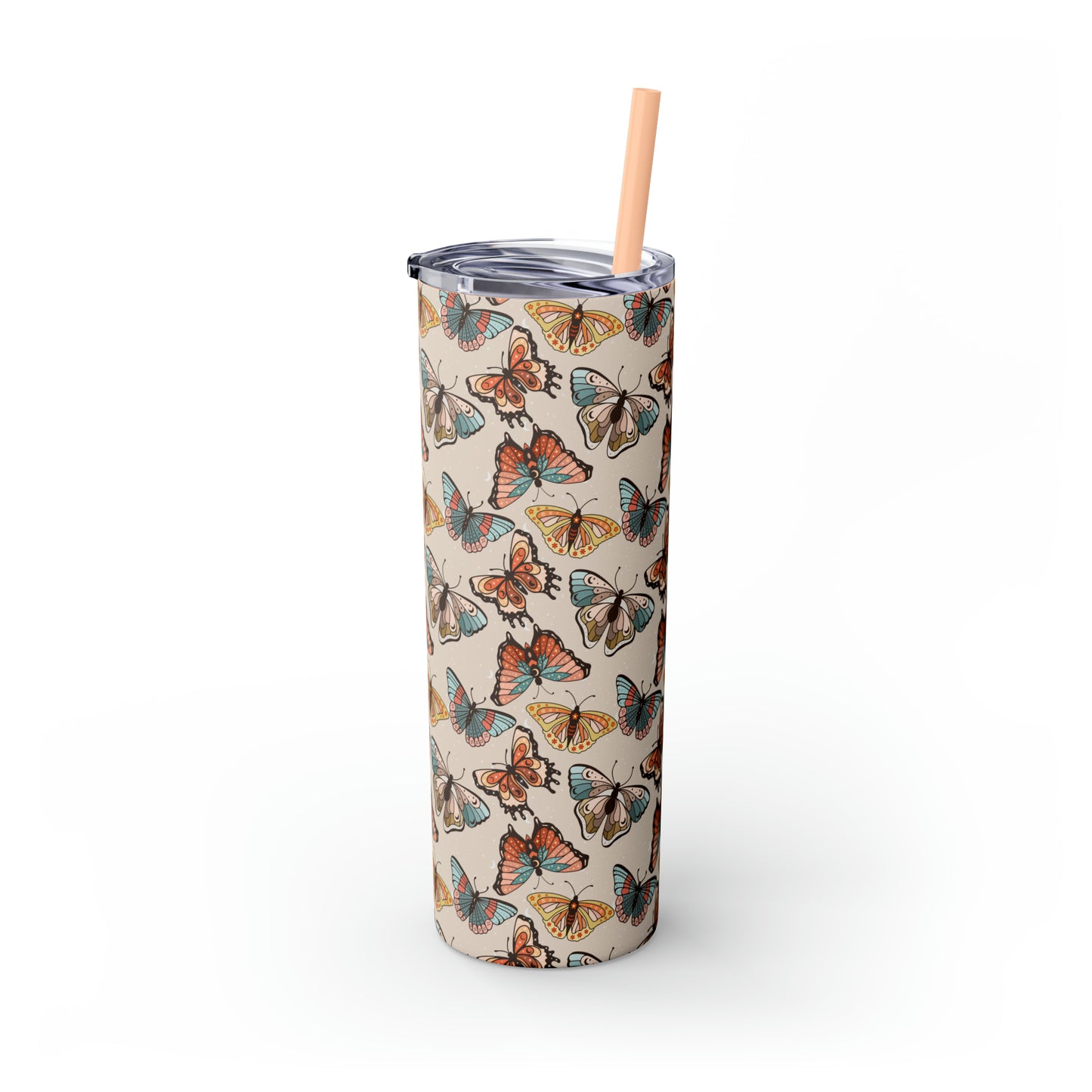 Boho Butterfly Brown Skinny Tumbler with Straw, 20oz