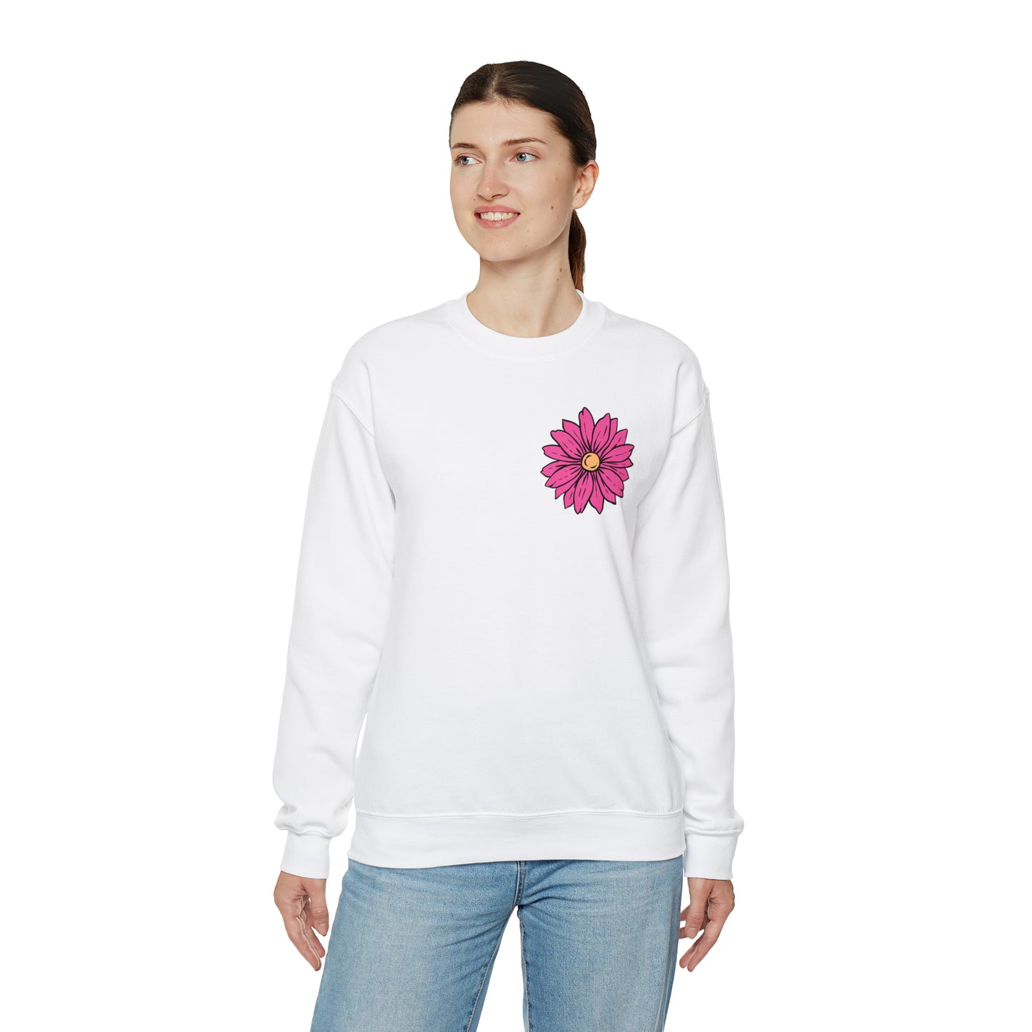 FRONT AND BACK DESIGN Positive Energy (Flower on Front and Message on Back) Font Heavy Blend™ Crewneck Sweatshirt