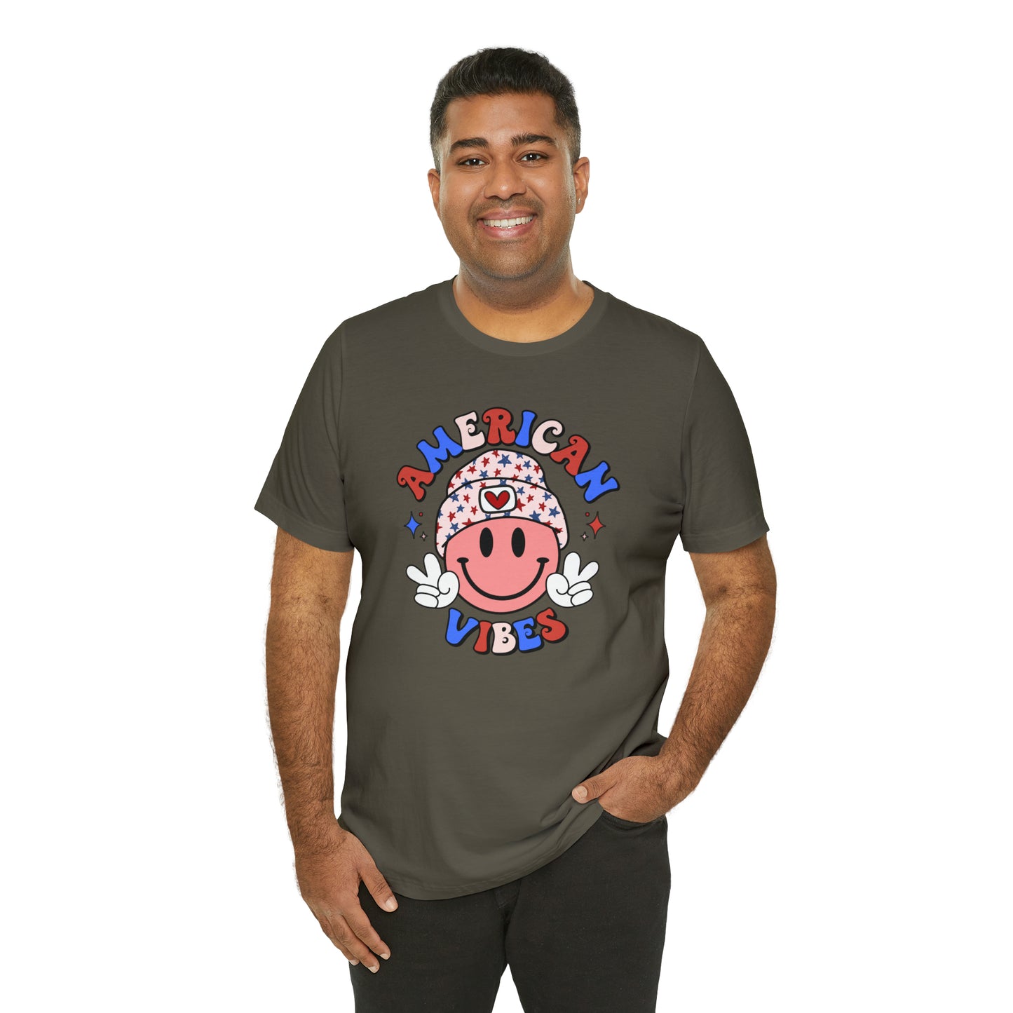 American Vibes USA Smiley Face with Stars Beanie with two hand peace signs Unisex Jersey Short Sleeve Tee