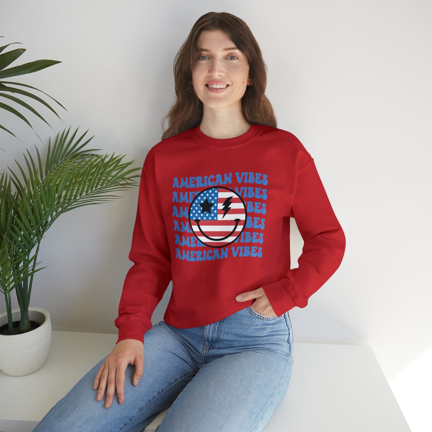 USA American Vibes Flag Smiley Face Heavy Blend™ Crewneck Sweatshirt