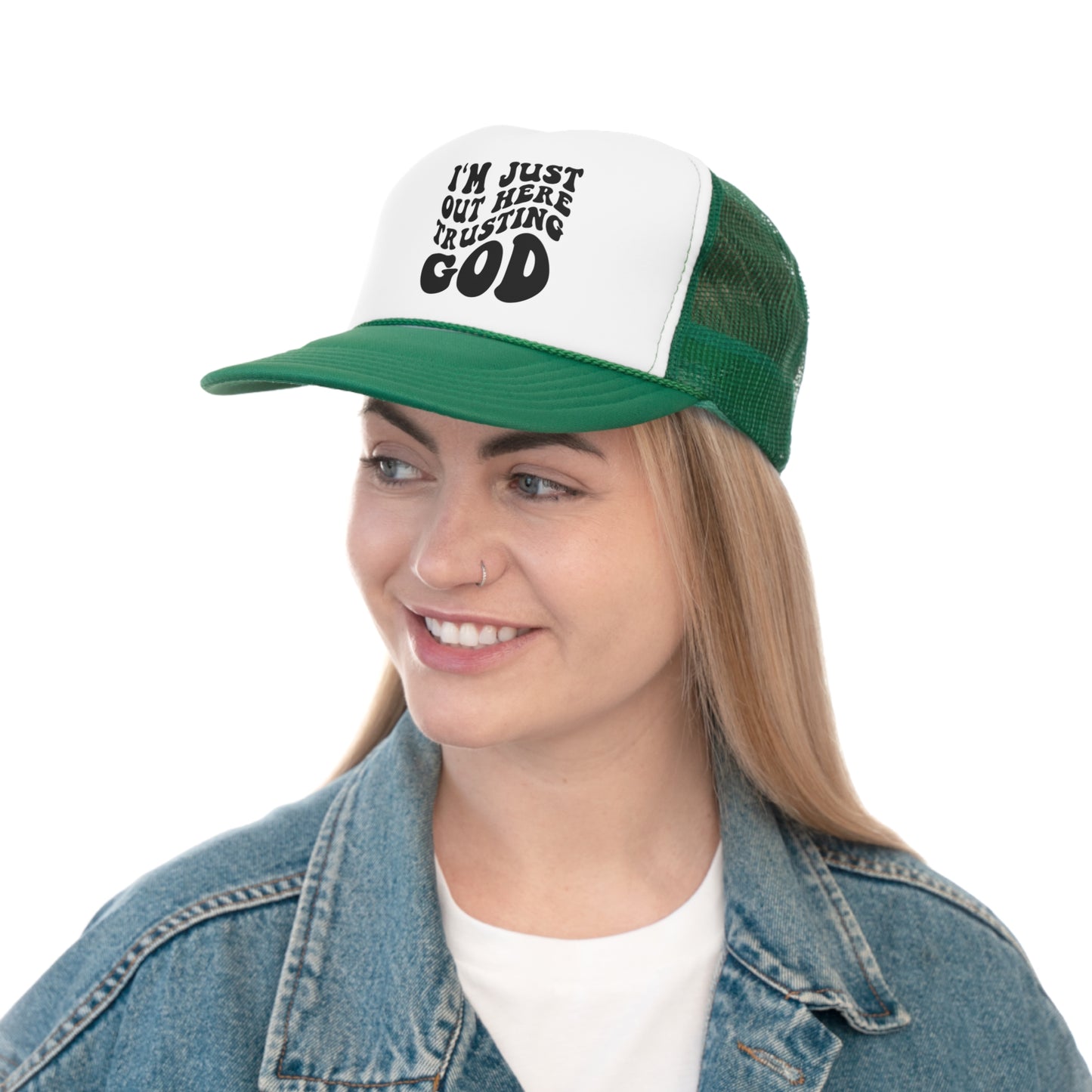 I'm Just Out Here Trusting God Tall Trucker Caps