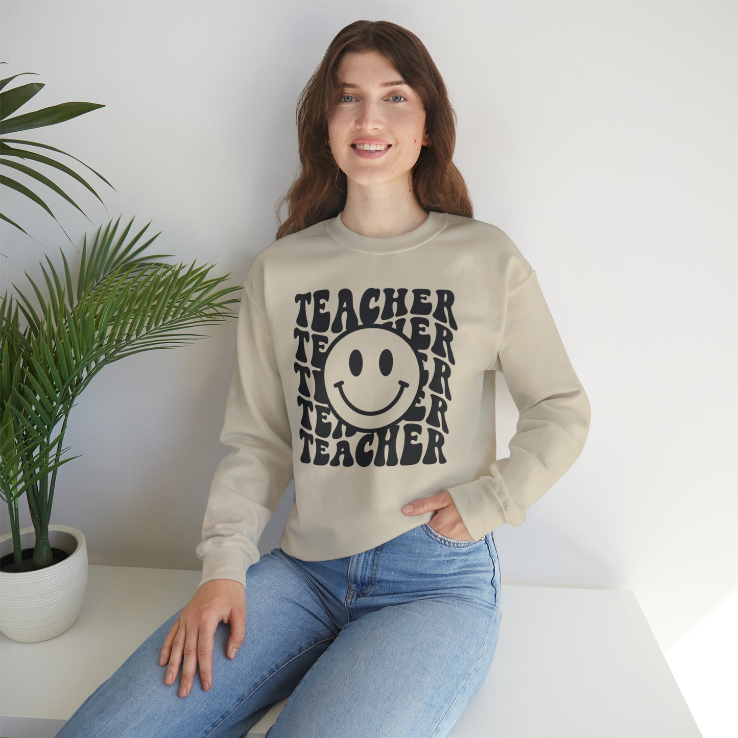 Retro Teacher with Smiley Face Black Logo Unisex Heavy Blend™ Crewneck Sweatshirt