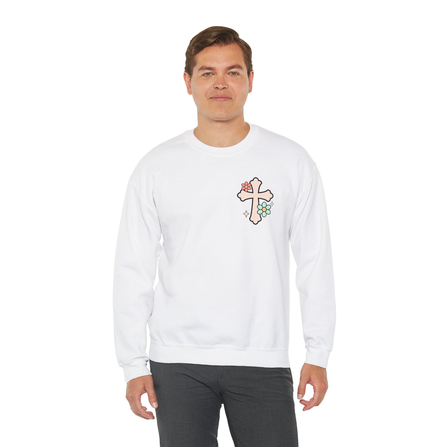 Vintage Grow in Grace with Cross Boho Color Print -  Front and Back Design Heavy Blend™ Crewneck Sweatshirt