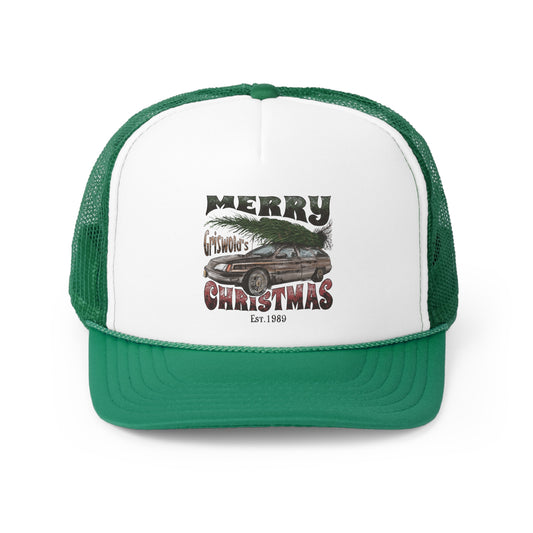 Distressed Merry Griswold's Christmas Tree Station Wagon Holiday Tall Trucker Caps