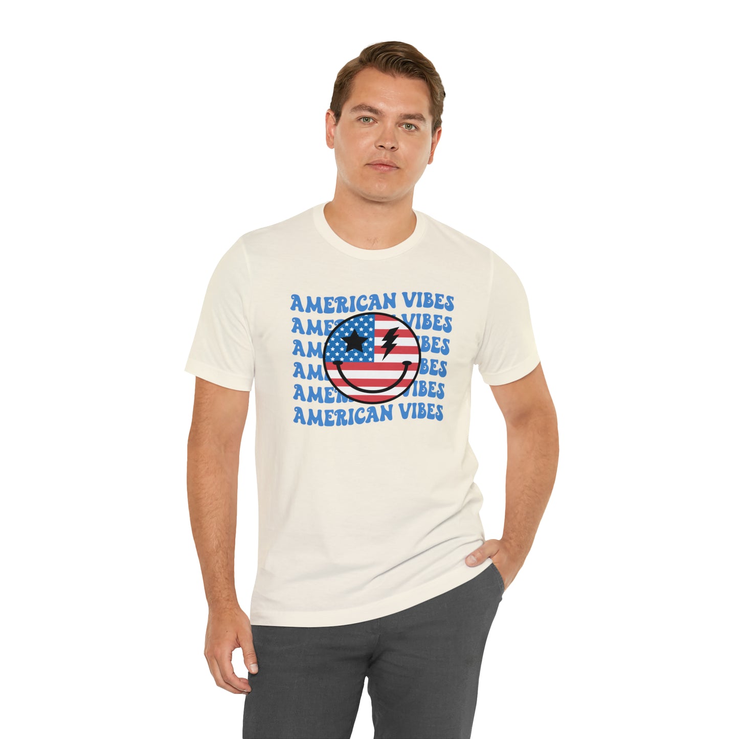 USA American Vibes American Flag Smiley Face Unisex Jersey Short Sleeve Tee