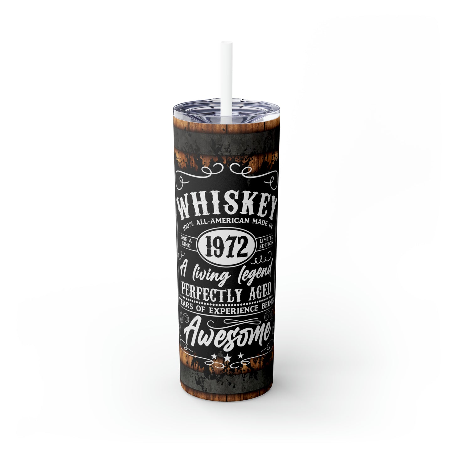 Rustic Barrel Whiskey Themed Skinny Tumbler with Straw, 20oz