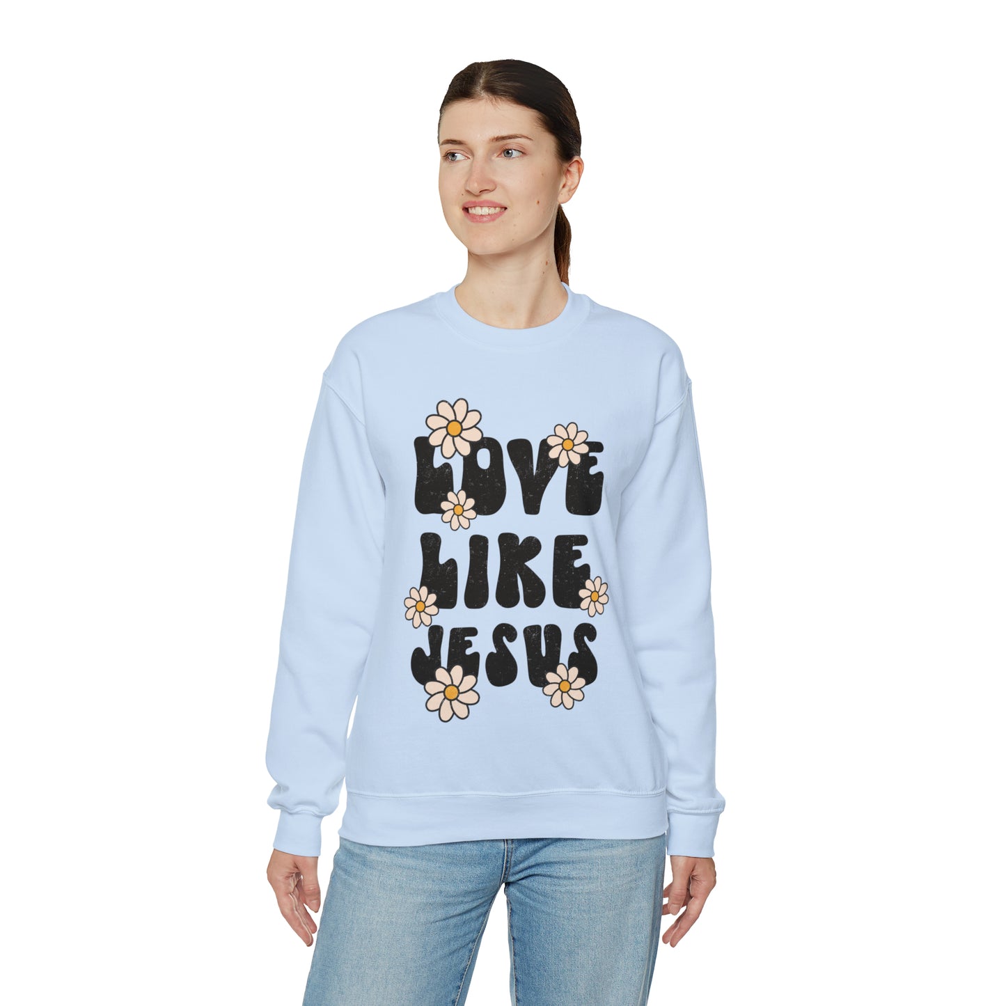 Distressed Daisy Love Like Jesus - Heavy Blend™ Crewneck Sweatshirt