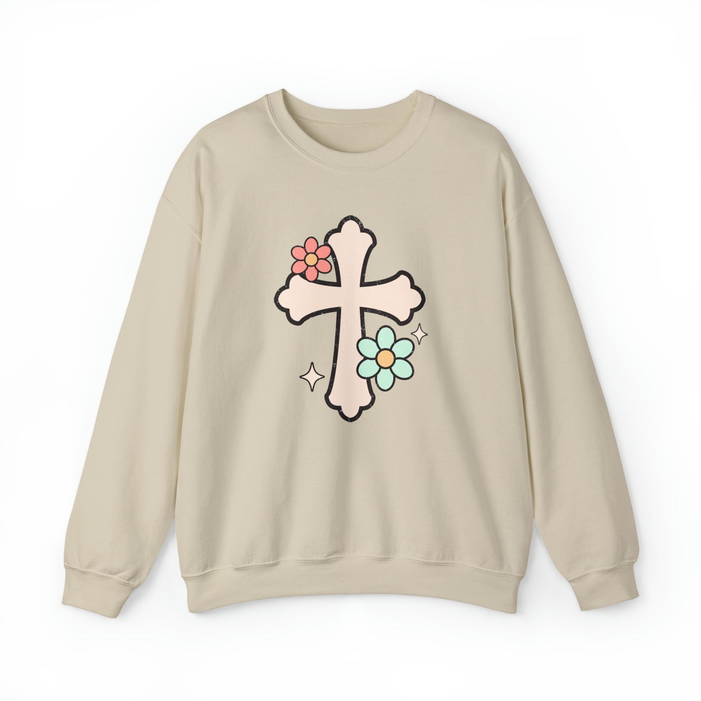 Vintage Floral Cross Design Heavy Blend™ Crewneck Sweatshirt