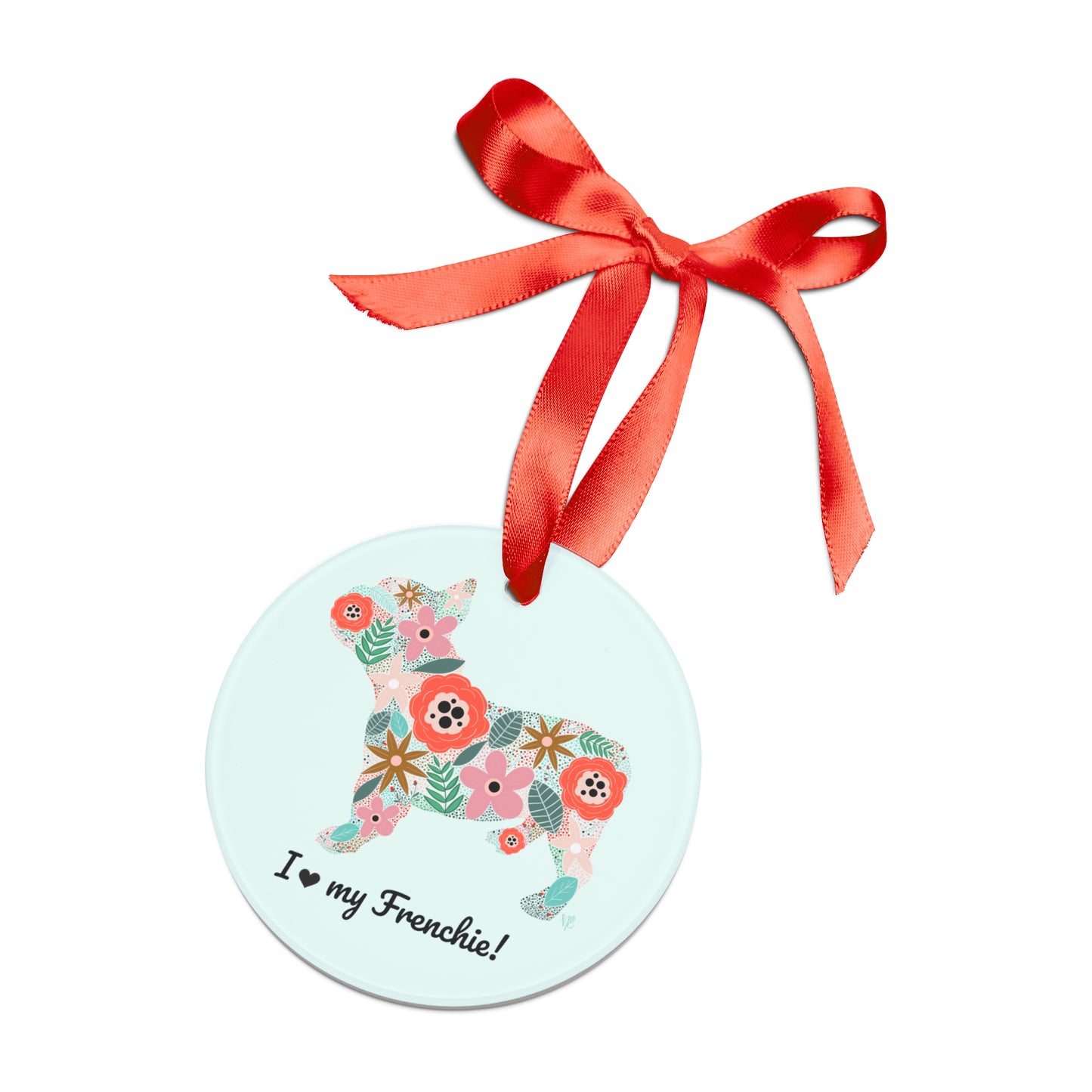 I love Floral Frenchie French Bulldog Ornament with Ribbon - light blue